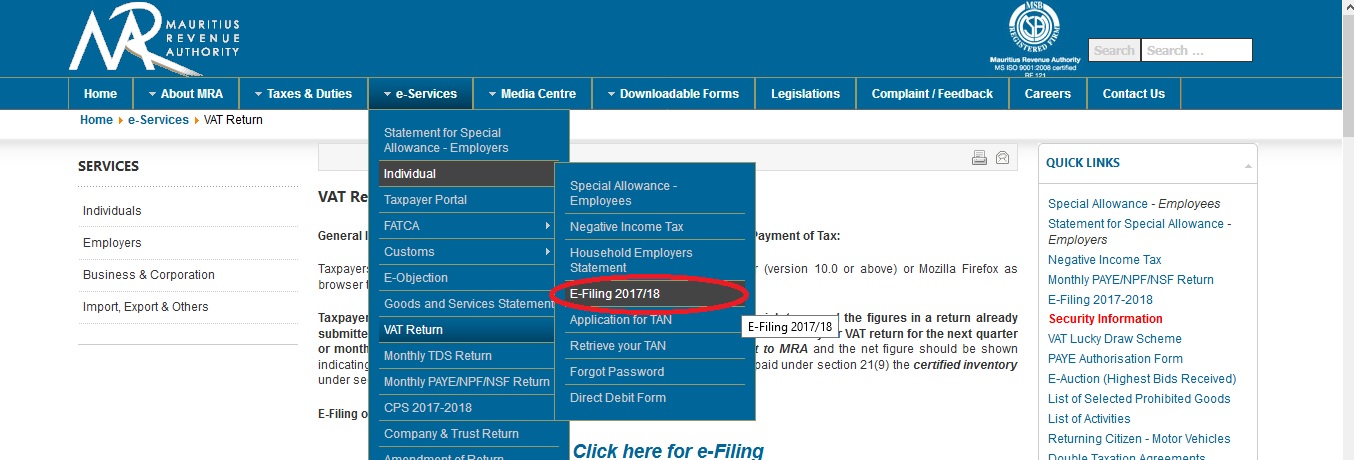 MRA Mauritius Revenue Authority E Filing Individual Tax Return Www 