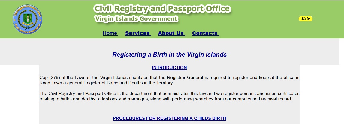 Virgin Islands Civil Registry Passport Office : Registering Childs